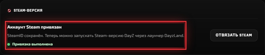Статус успешной привязки аккаунта Steam к DayzLand