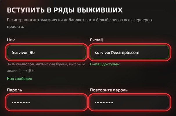 Заполнение ника, e-mail и пароля при регистрации на DayzLand